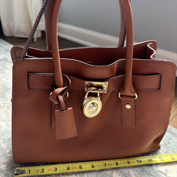 Michael Kors Hamilton Saffiano Leather Satchel | Gold Lock & Key | Cognac - Picture 1 of 8